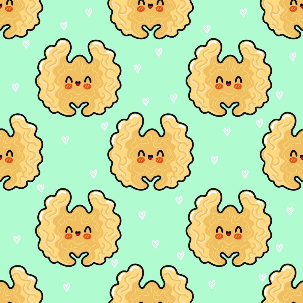 Cute cartoon walnuts with smiling faces seamless pattern